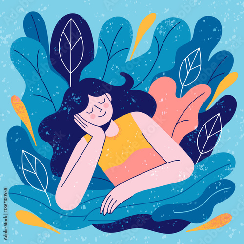 A serene illustration of a woman sleeping peacefully surrounded by leaves and foliage