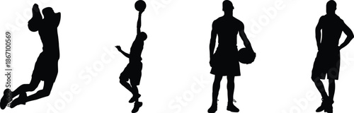 Basketball player silhouettes in action poses, Dynamic basketball athlete silhouette collection