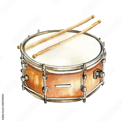 Watercolor illustration of a snare drum with drumsticks musical instrument.
