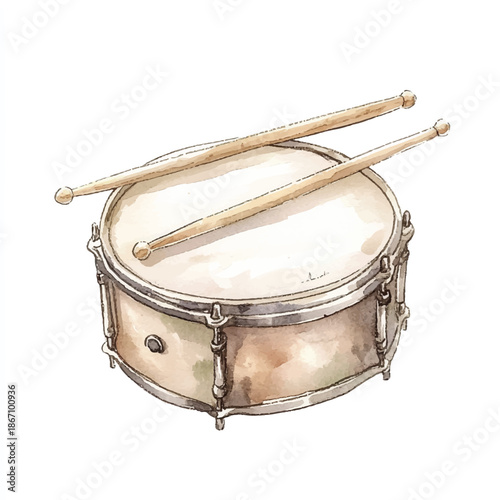 Watercolor illustration of a snare drum with drumsticks on top.