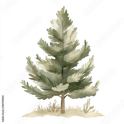 Watercolor illustration of a solitary pine tree with green needles and a brown trunk.