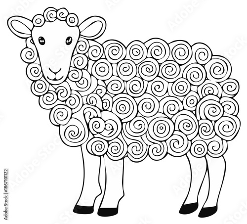 Stylized cartoon sheep with spiral wool pattern black and white line art coloring page