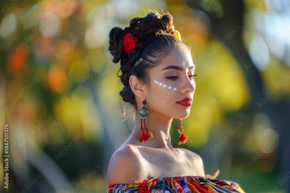 Fototapeta premium Fashion model wearing colorful traditional clothes and makeup posing in a park