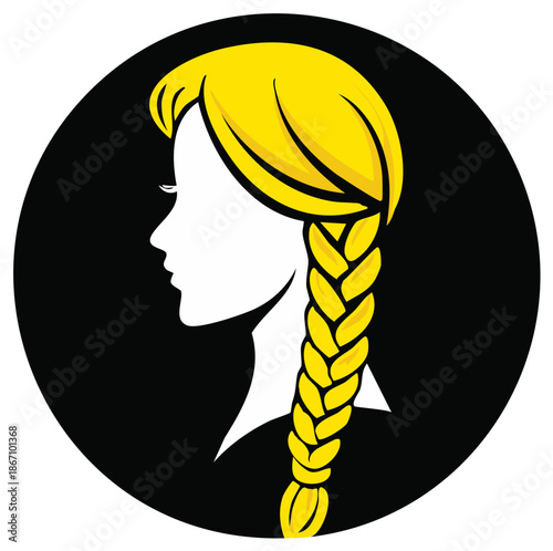 Stylized blonde woman's profile with long braided hair on dark circular background offers a striking graphic and minimalist design element