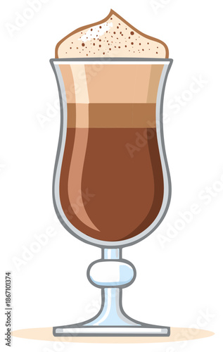 Layered coffee drink with foam topping in a tall glass