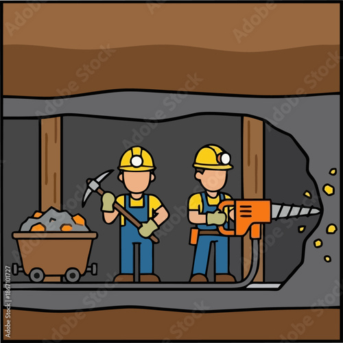 Flat Cartoon Miners with Pickaxe and Jackhammer Drill Collecting Ore Nuggets into Mine Cart in Underground Cave with Wooden Supports, Mining Vector Art