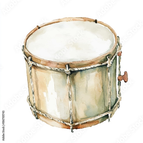 Watercolor illustration of a vintage drum with a white drumhead and wooden frame.