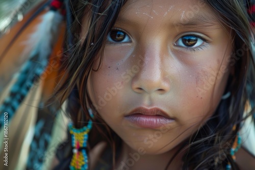 Close up portrait of young indigenous child with traditional headdress and face paint, representing rich cultural heritage