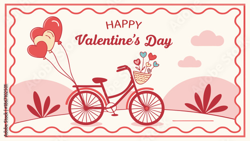 Flat vector illustration of a Valentine’s Day card in a red frame featuring hearts and romantic decorative elements.