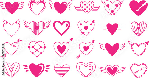 A delightful collection of pink heart illustrations showcasing various styles and romantic symbols on a white field