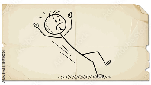 Stick figure person falling or slipping, depicting an accident or clumsy moment on a textured paper background.