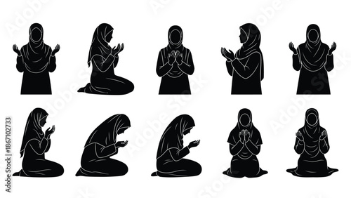 Nine muslim women in various prayer poses with hands clasped in front white with islamic and hijab and kneeling Silhouette vector on whit Background