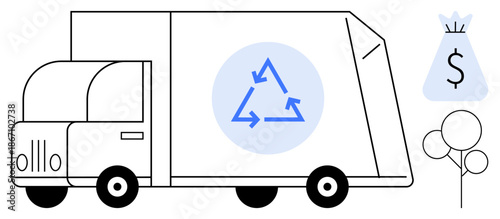Recycling truck featuring a circular eco symbol, alongside a money bag and tree icon. Ideal for waste management, sustainability, eco logistics, recycling initiatives, green economy, waste-to-profit