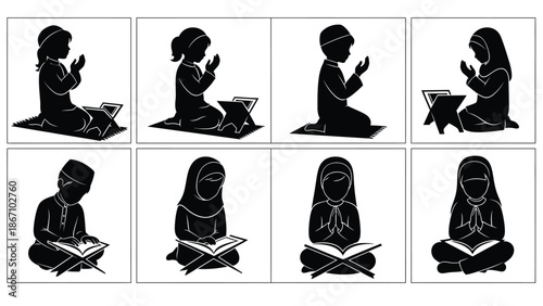 of children praying and reading in various islamic poses white white with prayer and illustration and muslim Silhouette vector on whit Background