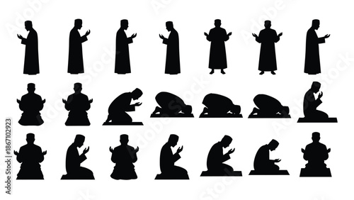 of a muslim man in various prayer positions white white with muslim prayer and islamic art and religious illustration Silhouette vector on whit Background