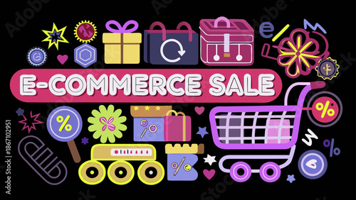 E commerce sale with shopping cart gifts and various decorative elements on a black background design