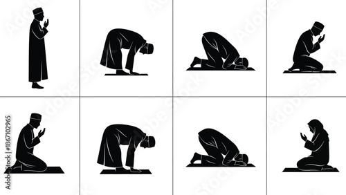 Islamic prayer positions illustrated in a grid of eight black silhouettes white showing various steps of namaz or salah Silhouette vector on whit Background