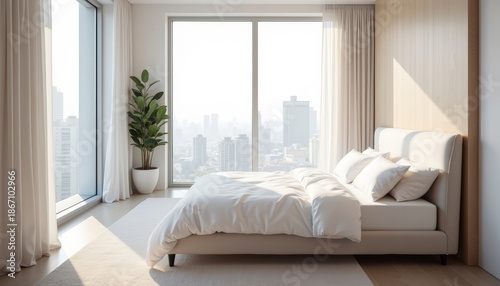 Modern bedroom with large window and city view in daylight