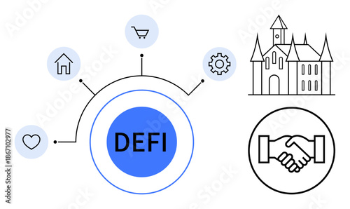 Decentralized finance. A visual ation of decentralized finance features including housing, commerce, automation, and trust. Decentralized finance enables innovative banking solutions. Perfect