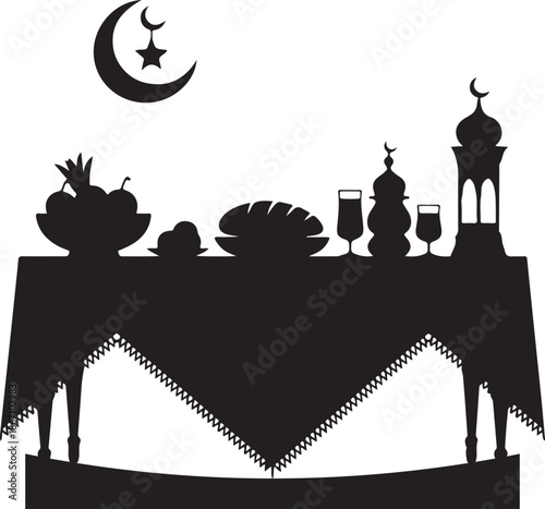 Stylized black silhouette illustrating a festive table laden with fruits, drinks, and lanterns