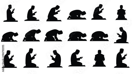 of a man in various prayer positions white white with religion and faith and islam and muslim and worship Silhouette vector on whit Background