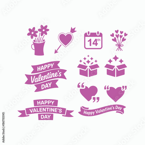 Valentine’s Day icon set with hearts, flowers, gifts, and romantic banners, pink love vector illustration.