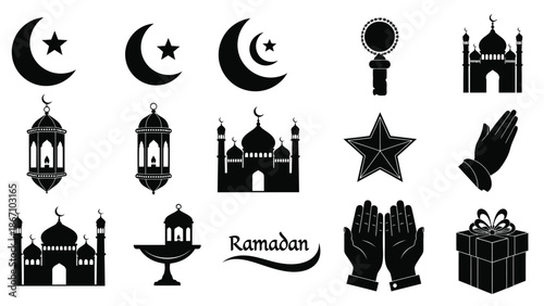 Black silhouettes of ramadan symbols and mosques white white with Islamic and graphic and design and faith Silhouette vector on whit Background