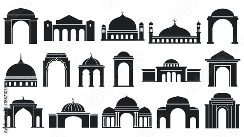 Collection of black mosque domes and arches white for graphic design with islamic and architecture and element Silhouette vector on whit Background