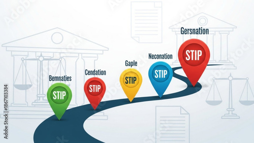STIP process infographic legal steps and milestones with courthouse icons concept of justice and law progression