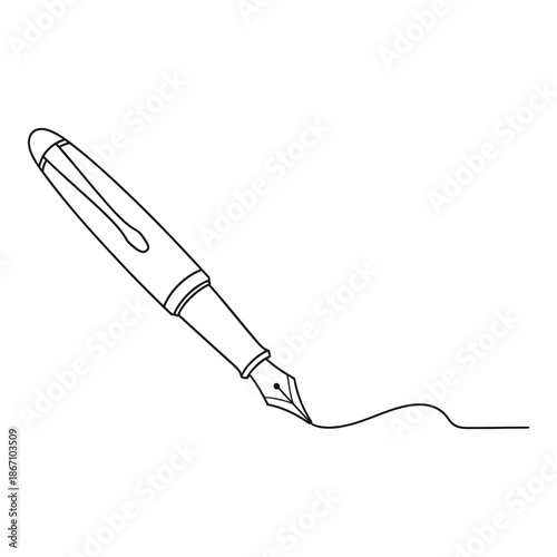 Simple line drawing of a classic fountain pen with ink trail