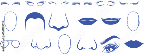 Collection of Blue Icons: Eyes, Noses, Lips, Faces, Hair, and Glasses