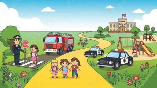 Children crossing street safely with police and fire truck school and playground scene community safety concept illustration