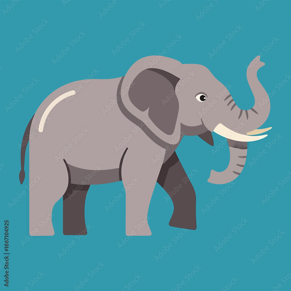 Fototapeta premium Cartoon Elephant Illustration with Raised Trunk on Teal Background.