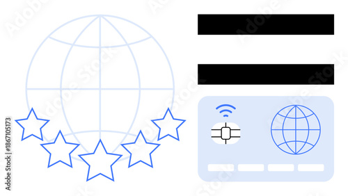 Five stars below a planet grid symbolize global standards. Nearby, a digital card with a chip and wireless icon represents secure transactions and technology. Ideal for finance, ratings, security