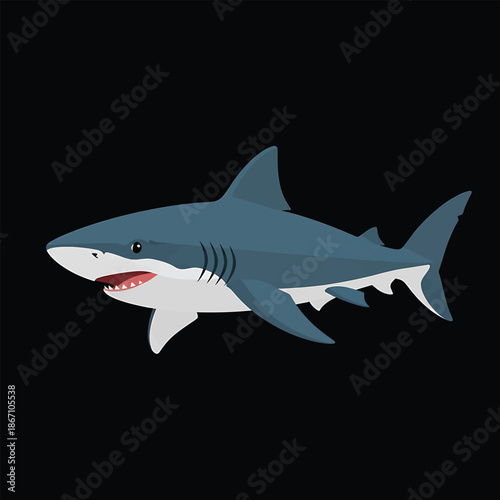 Cartoon Great White Shark with Open Mouth on Black Background.