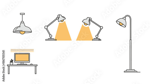 Illustration of various desk lamps and lighting fixtures in a minimalist workspace environment viewed from directly above