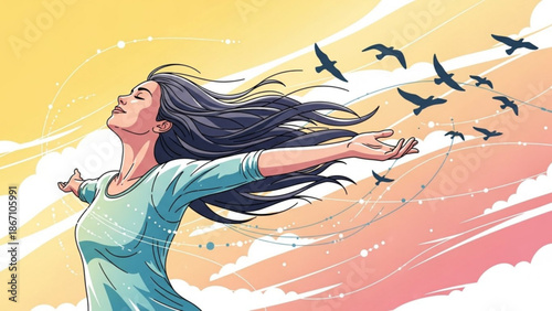 Woman with arms outstretched embracing freedom birds flying in a colorful sky symbolizing hope and new beginnings