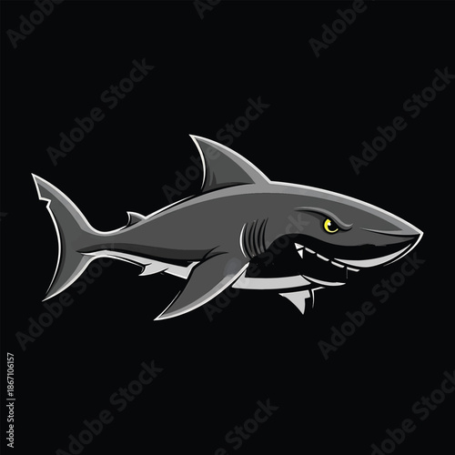 Cartoon Shark Illustration with Menacing Expression on Black Background.