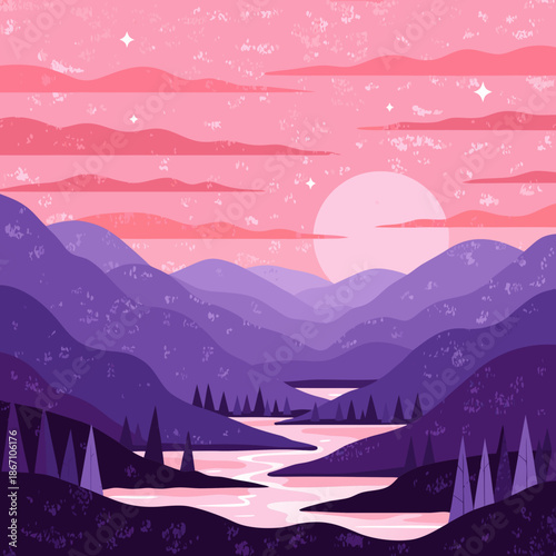 Serene Abstract Mountain Landscape with a Pink Sunset and River