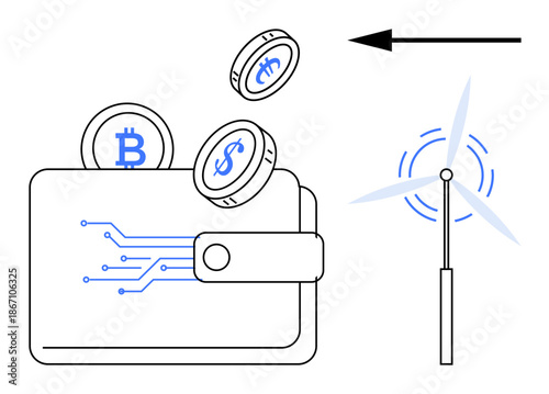 Cryptocurrency with coins entering a digital wallet alongside a wind turbine renewable energy integration in blockchain technology. Relevant for blockchain, renewable energy, fintech, digital