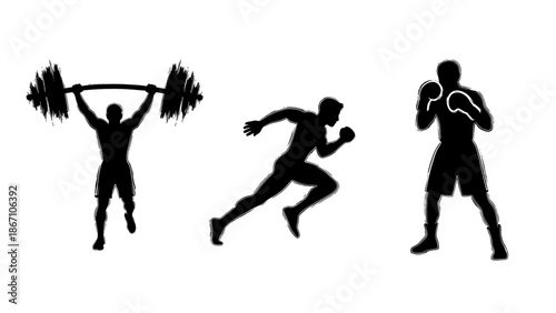 Versatile Vector Set of Fitness Silhouettes Weightlifter, Runner, and Boxer Icons for Diverse Sports