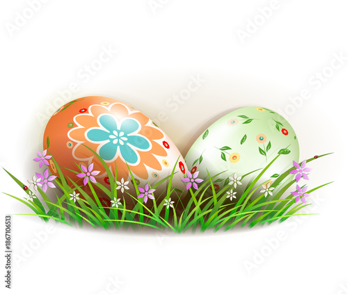 Easter composition with two eggs and a wicker, design element.