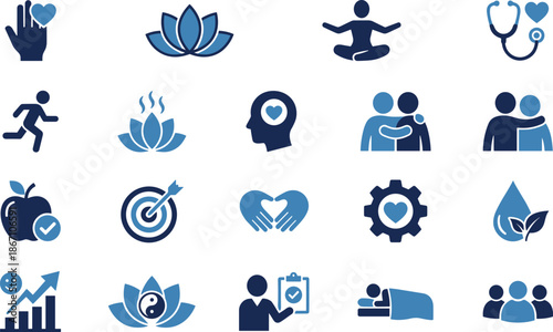 Wellness mental health and healthy lifestyle icon set meditation fitness care support mindfulness holistic wellbeing symbols