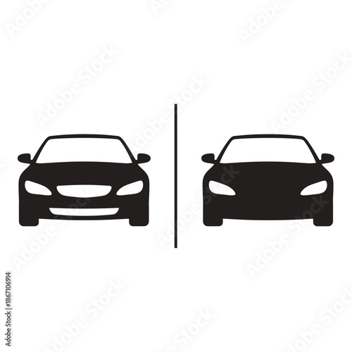 Symmetrical depiction of two modern cars facing opposite directions black silhouette