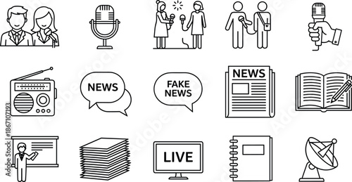Broadcasting, Reporting, Fake News, Live TV, Radio, and Communication Vector Graphics for News Industry.