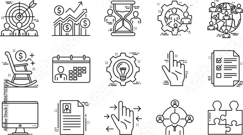 Corporate Strategy, Goal Setting, Teamwork, Idea Generation, Time Management, and Finance Vector Graphics.