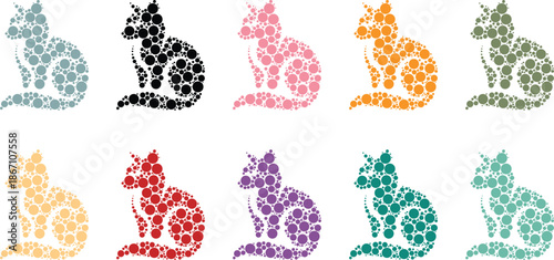 Sitting cat silhouettes composed of dots, Cat silhouette sitting circular pattern design