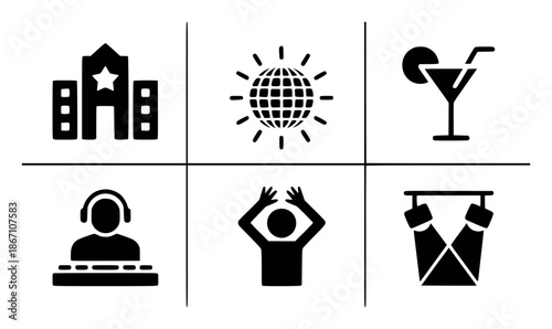 Black depicting a building a disco ball a cocktail a D J a dancer and stage lights star