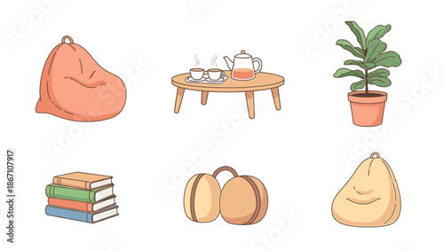 Cozy living room icons featuring bean bags, books, plants, and coffee table for home decor