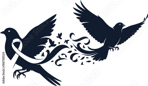 Symbolic depiction of two dark silhouette doves flying with one embracing a prominent white awareness ribbon design element